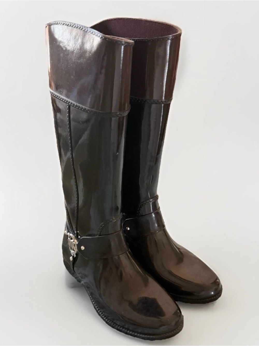New Michael Kors Fulton Harness Rain Boots Black & Coffee Brown, Size 10!